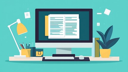 A desktop workspace with a large computer monitor showing a document in a word processing program