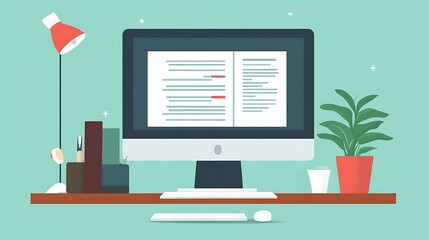 A desktop workspace with a large computer monitor showing a document in a word processing program