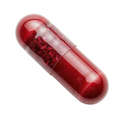 A vivid, detailed close up of a red capsule filled with intriguing properties, showcasing its captivating design against an entirely transparent background
