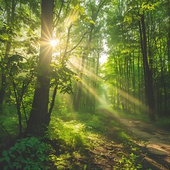 Fototapeta premium Morning in the green forest. Sun rays through the branches of trees