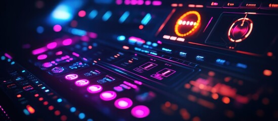 Obraz premium Futuristic control panel with glowing buttons and displays, illuminated with vibrant colors.