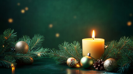 A glowing candle surrounded by pine branches and ornaments