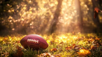 A football rests on the grass, illuminated by soft sunlight filtering through trees.