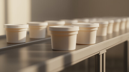 A set of glossy plastic containers moving through a production system