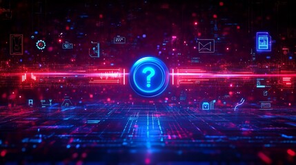 Futuristic Digital Interface with Glowing Button and Neon Icons