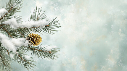 A snow-covered pine branch with a golden ornament