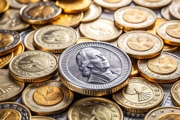 Create a captivating 3D animation showcasing a set of rotating coins and dollar symbols.