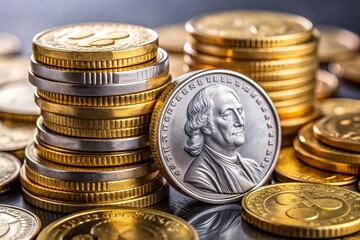 Create a captivating 3D animation showcasing a set of rotating coins and dollar symbols.