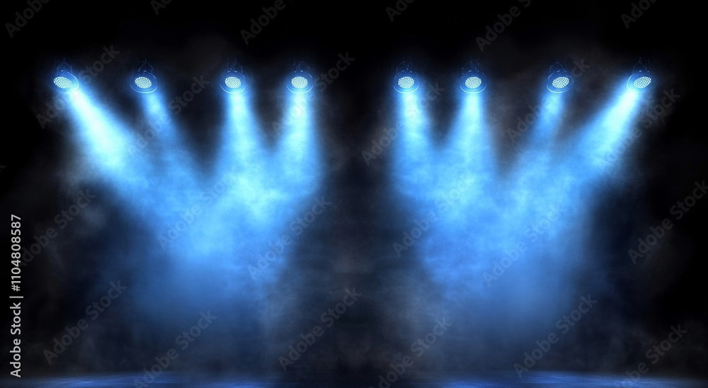 Poster blue spotlight lighting fog stage background for performance and event