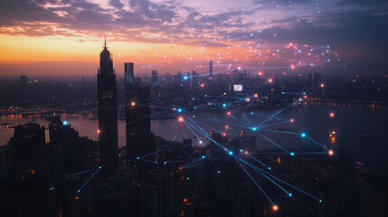 Obraz premium Smart digital city with connection cyber security network reciprocity over the twilight cityscape.future wireless digital city and social media networking systems that connects people within the city