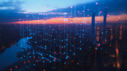 Fototapeta premium Smart digital city with connection cyber security network reciprocity over the twilight cityscape.future wireless digital city and social media networking systems that connects people within the city