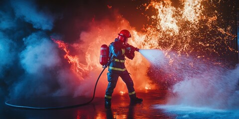 Obraz premium Fire incident in a building, motion pictures of a firefighter putting out the fire with water hoses