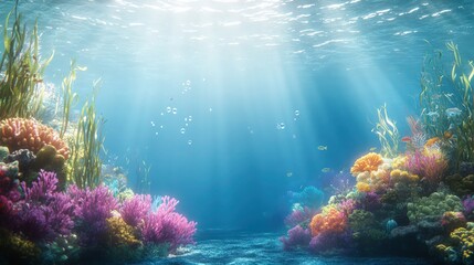 Fototapeta premium A serene underwater landscape with colorful coral reefs, swaying seaweed, and schools of fish swimming gracefully through the clear blue water. Sunlight filters down from the surface