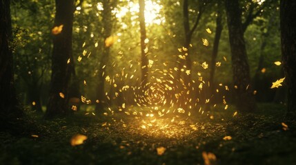 Obraz premium A serene forest scene with swirling leaves illuminated by soft sunlight.