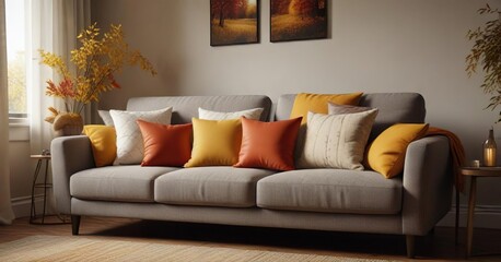 Autumn-themed throw pillows on a cozy sofa in living room, throw pillows, comfort, home decor