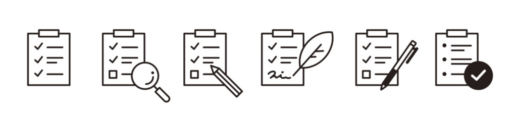 書類のアイコン。クリップボードやアンケート、チェックリストのベクターイラスト。ビジネスにおける資料。