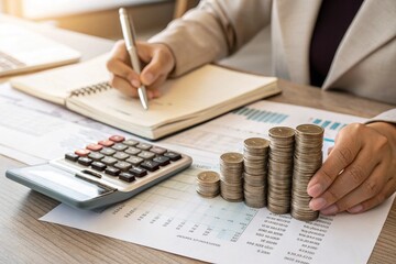 A person sits at a cluttered desk, carefully stacking coins beside a calculator and a stack of financial documents.