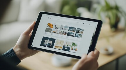 A tablet device with a shopping app open, displaying a product page with pictures, description, and price