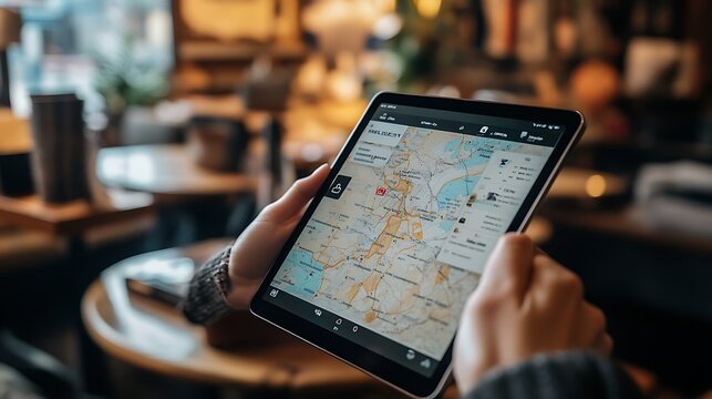 A tablet device being used in a coffee shop, showing a travel planning app with a map and destination options