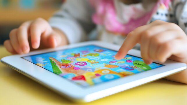 A tablet device being used by a child with a learning app open, showing educational games and activities