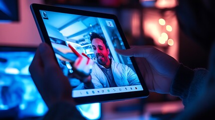 A person using a tablet device with a video call app open, showing a friend or colleague on the screen