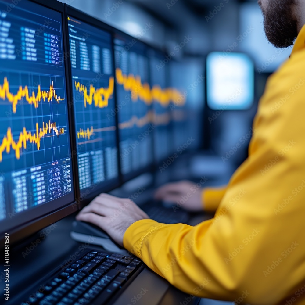 Poster man analyzing data on multiple computer screens.