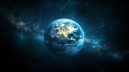 Fototapeta premium A stunning view of Earth from space, surrounded by a cosmic backdrop of stars and galaxies, showcasing the beauty of our planet.