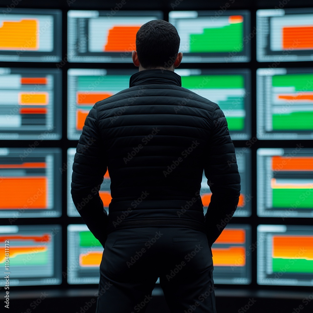 Poster man reviewing data on multiple screens.