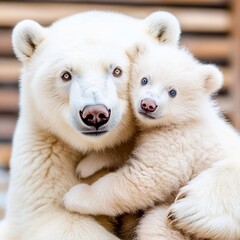 Fototapeta premium Mother polar bear cuddling her cute cub.