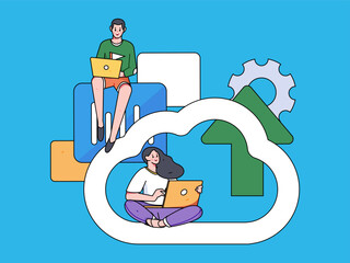 Business collaboration cloud computing flat vector concept operation hand drawn illustration
