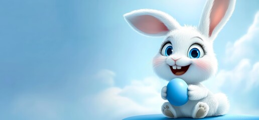 Fototapeta premium Cute Easter Bunny with Blue Egg on Blue Background with Copy Space for Marketing and Sales