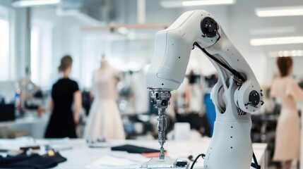 A robotic fashion designer creating avant-garde couture pieces in a cutting-edge atelier, models and fashion enthusiasts in haute couture setting, Fashion robotics style
