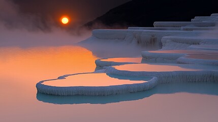 Sunrise over terraced pools of turquoise water and white mineral deposits, creating a serene and mystical atmosphere.