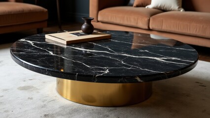 Obraz premium A modern living room with a round black marble coffee table centerpiece