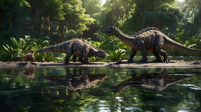 Fototapeta Two dinosaurs near a serene water body in a lush prehistoric jungle setting.
