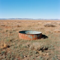 Rusted metal water trough in arid, grassy landscape under clear blue sky.