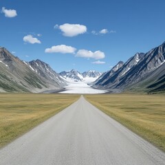 Naklejka premium Scenic road leads to glacier nestled in majestic mountains under a vibrant blue sky.