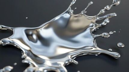 A metallic silver paint splash shimmering with light reflections, spreading across a matte charcoal background. The interplay of gloss and matte creates a sophisticated visual appeal.