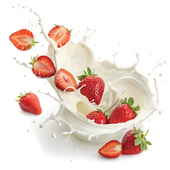 realistic 3d rendering pink colour milk splash with strawberrys design

