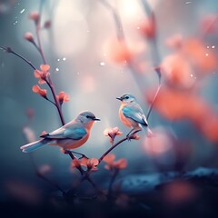 Obraz premium Two Blue Birds Perched on Blooming Branches