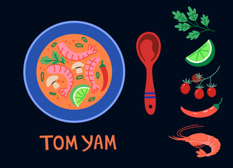 Tom yam soup, tom yum. Traditional Thai food, top view of meal and ingredients. Illustration in colorful trendy style.