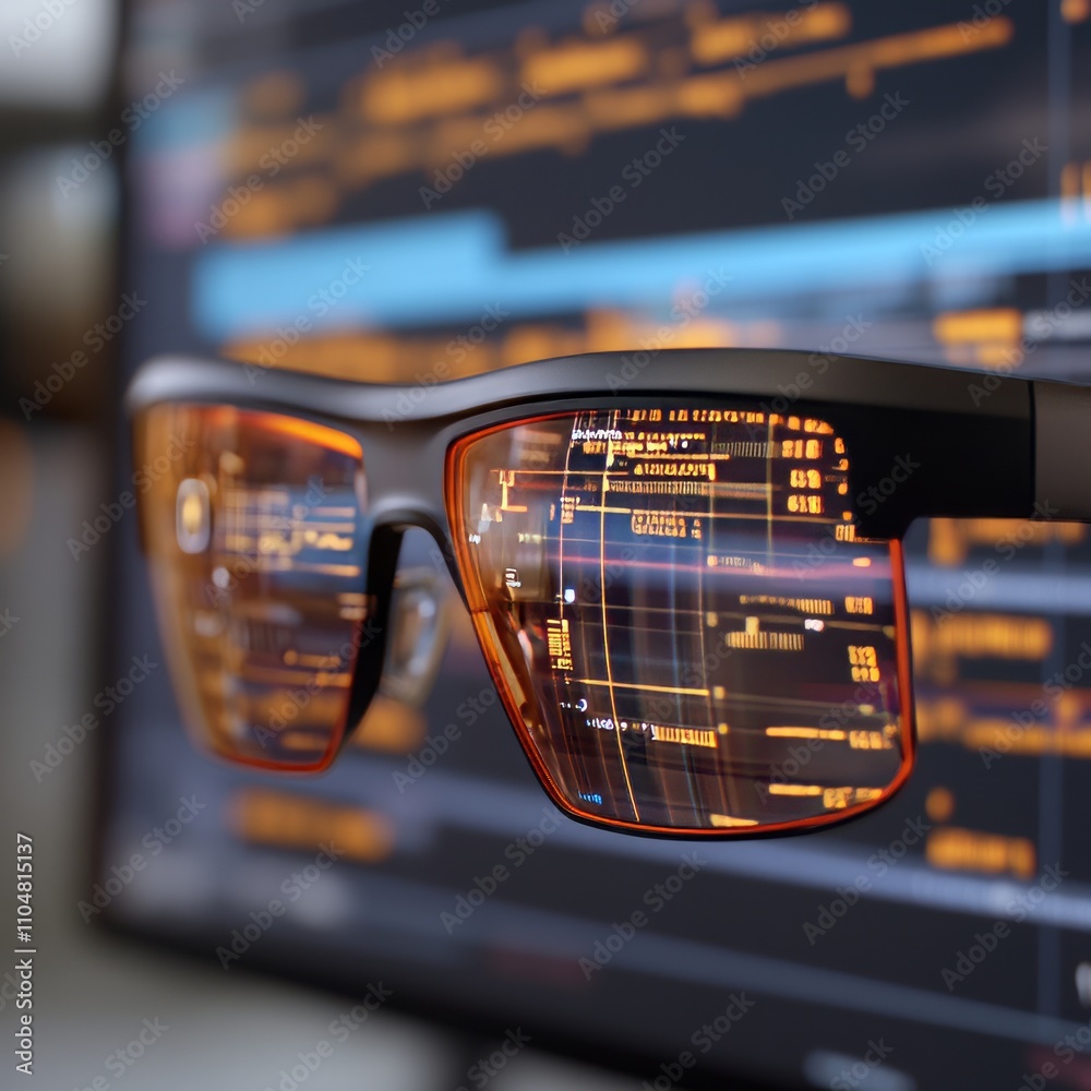Poster smart glasses displaying code on lenses, reflecting computer screen.