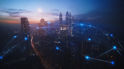 Smart digital city with connection cyber security network reciprocity over the twilight cityscape.future wireless digital city and social media networking systems that connects people within the city