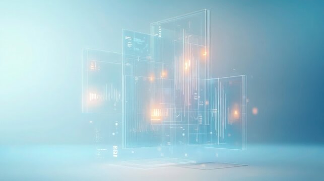 A layered composition of translucent digital panels with floating holographic charts and glowing numbers, set against a clean, soft blue abstract background.