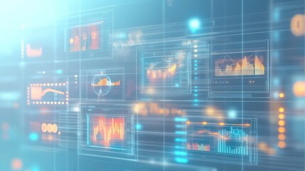 A layered composition of translucent digital panels with floating holographic charts and glowing numbers, set against a clean, soft blue abstract background.