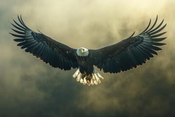 Obraz premium A majestic bald eagle soars through the sky with its wings spread wide, a symbol of freedom and power.