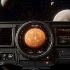 Fototapeta premium Spaceship cockpit view of a distant orange planet with multiple moons in the night sky.