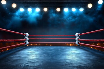 empty boxing ring illuminated by bright stadium spotlights under dark cloudy night sky