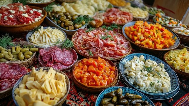 A vibrant display of assorted foods, including meats, cheeses, and vegetables, in decorative bowls.