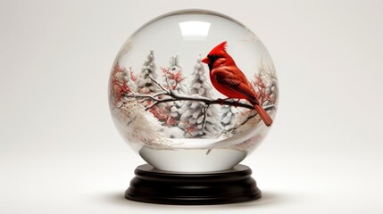Red Bird cardinal snow globe isolated on white background, transparent glass globe. snow globe, Christmas globe